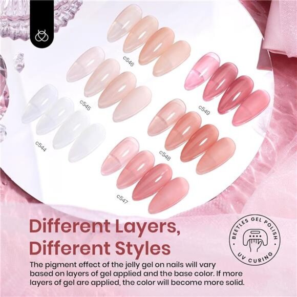 Jelly Gel Nail Polish Set, 6 Colors Neutral Sheer Milky White Nude Pink Gel - Picture 4 of 7